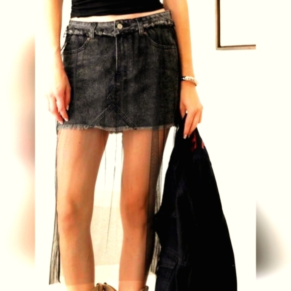 Black denim distressed mini skirt with tulle mesh overlay - Picture 10 of 11